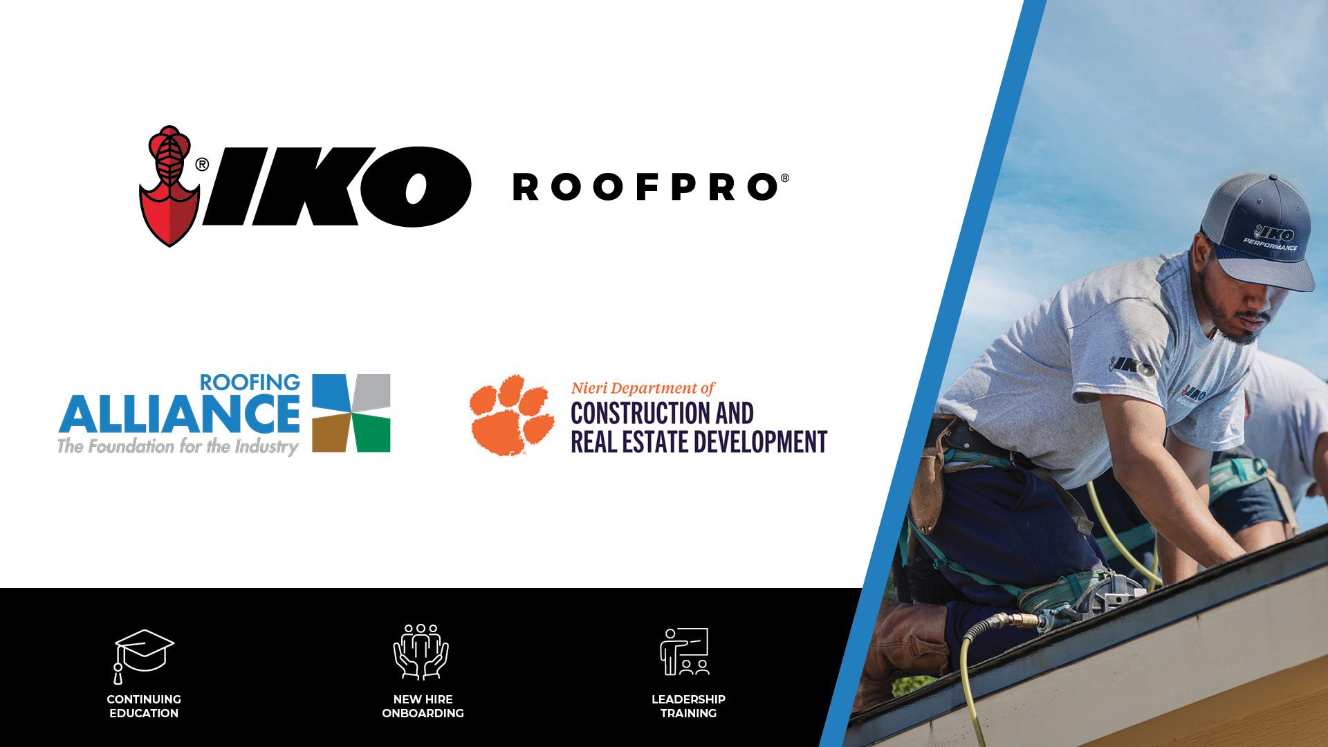Roofing industry training: IKO, RoofPro, Roofing Alliance, Nieri Dept. logos, training icons, and a roofer.