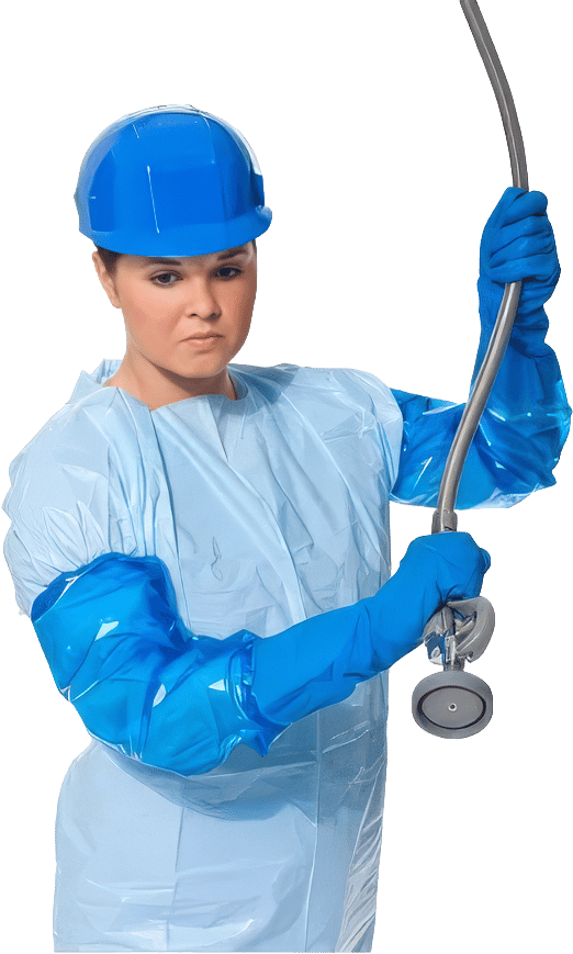 Woman in blue hard hat, protective gown, and gloves holding a heavy-duty sprayer, ready for industrial cleaning.