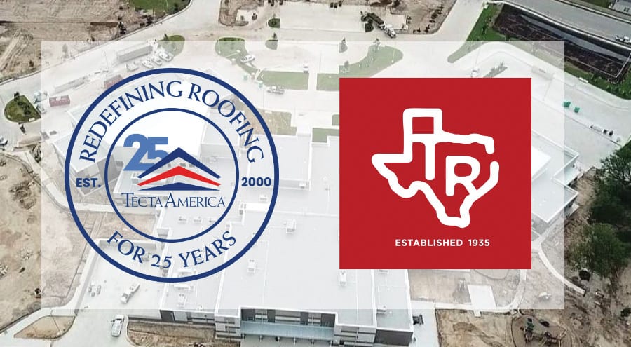 Tecta America 25-year logo and Texas company logo est. 1935, superimposed on an aerial building view.