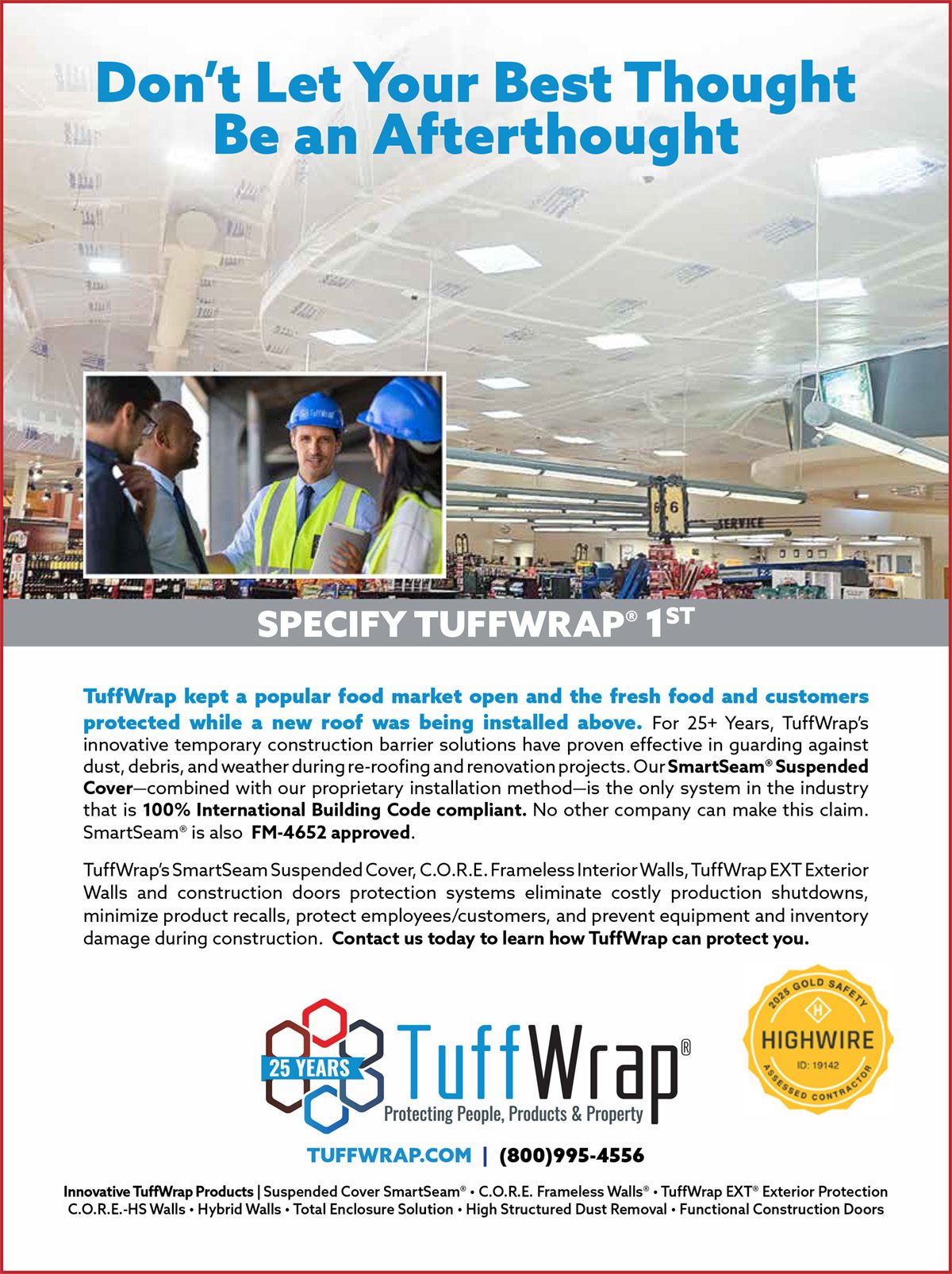 Retail store interior with TuffWrap white protective ceiling covering and construction workers.