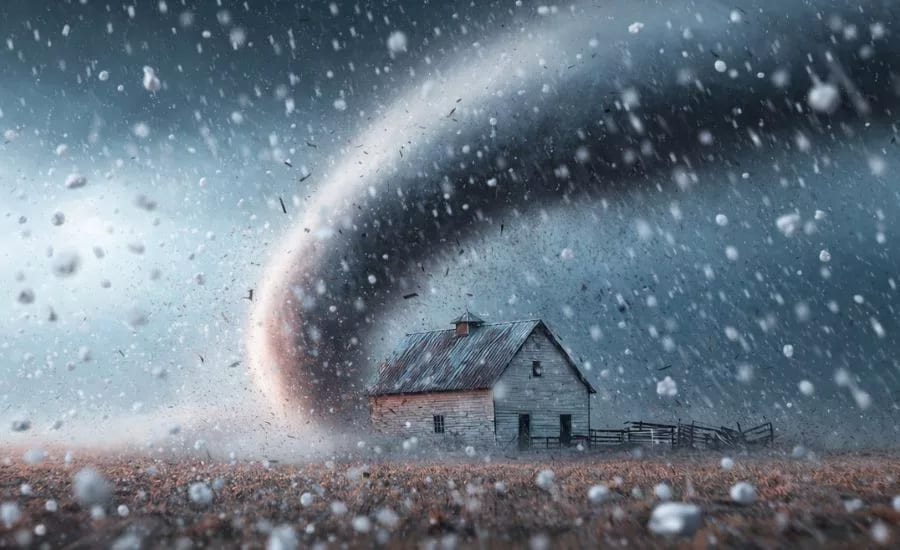 A massive tornado swirls menacingly close to an old wooden barn, amidst flying debris.