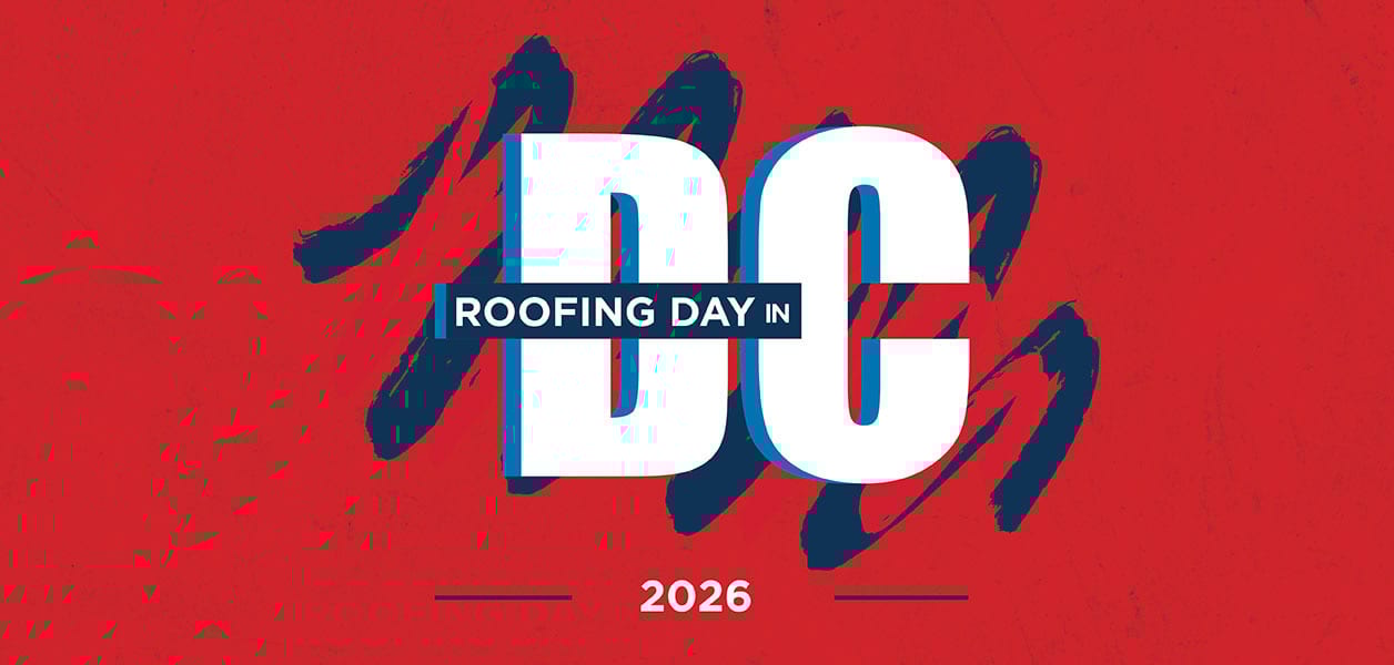 ROOFING DAY IN DC 2026 text on a red background with blue brush strokes.
