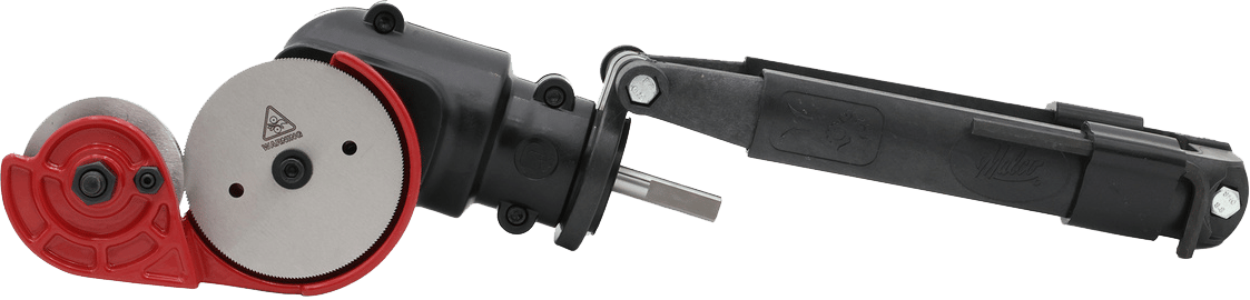 A red and black cable slitter with two circular blades and an articulated arm for stripping various cables.