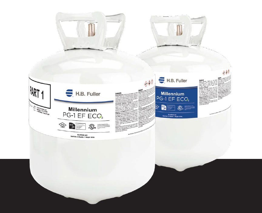 Two white industrial cylinders labeled "H.B. Fuller Millennium PG-1 EF ECO₂".