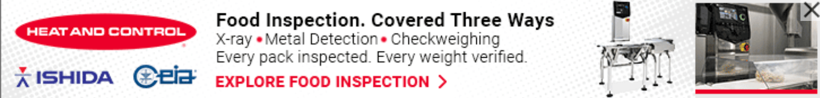 Ad for Heat and Control showcasing X-ray, metal detection, and checkweighing for food inspection.