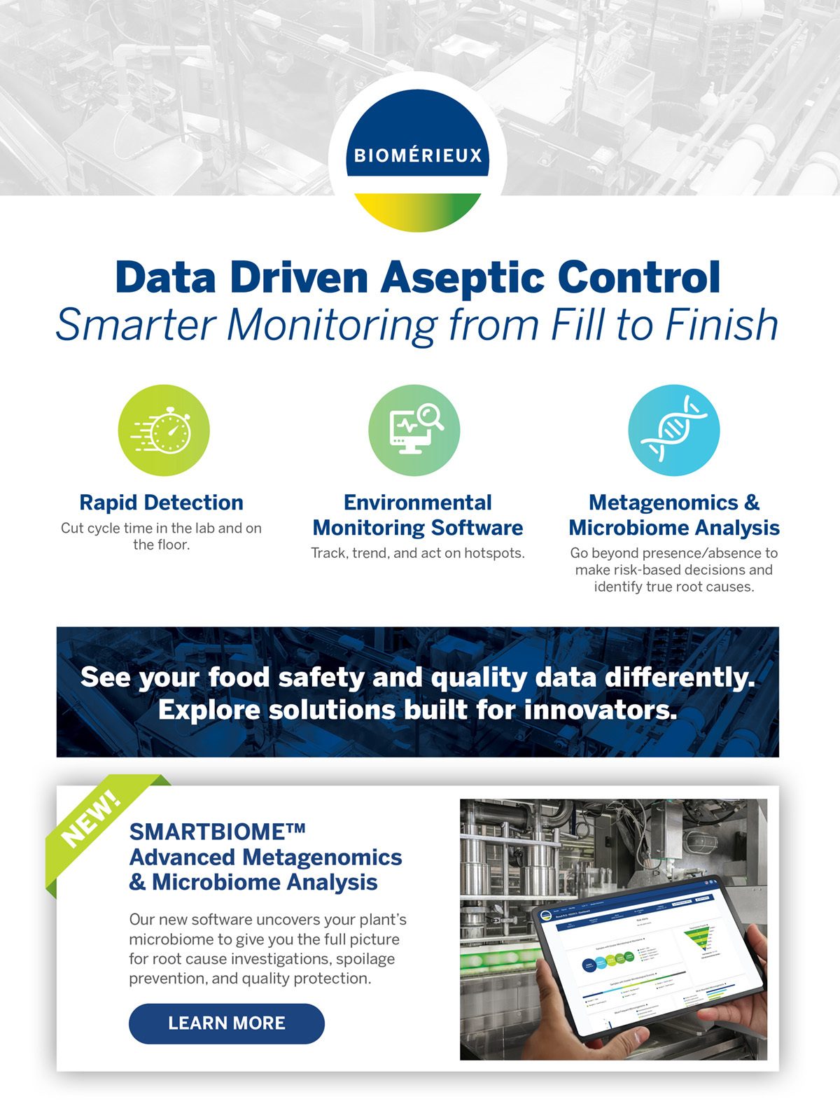 Ad for Biomerieux's data-driven aseptic control solutions, featuring rapid detection, environmental monitoring, and advanced metagenomics.