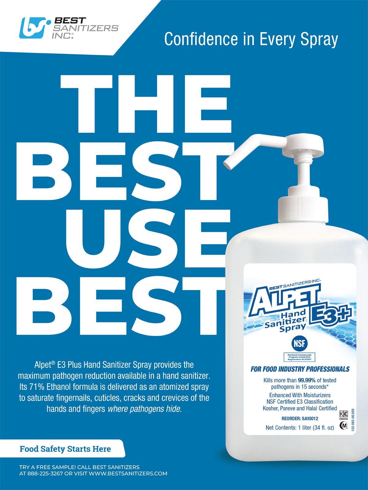 Ad for Best Sanitizers Alpet E3+ Hand Sanitizer, highlighting its pathogen-killing power and food safety focus.
