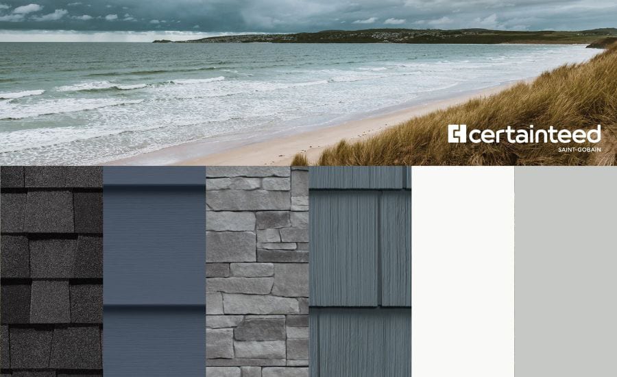 Beach landscape over material swatches: dark shingles, blue siding, gray stone, white, gray. CertainTeed.