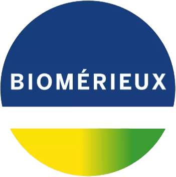 bioMérieux logo with white text on a blue upper circle and a yellow-green lower arc.