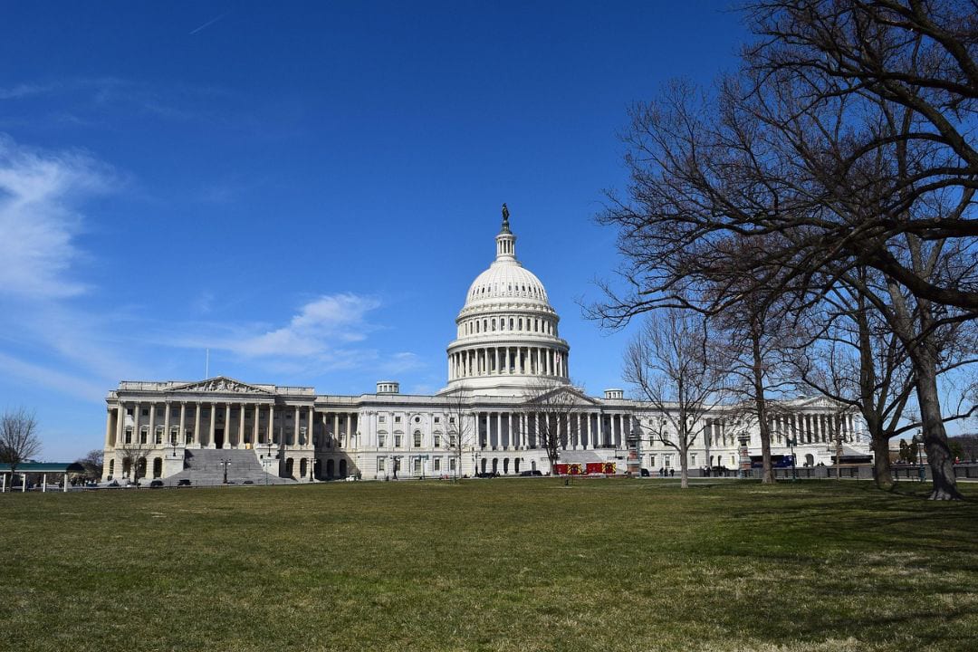 U.S. Capitol Building on a sunny day, with green grass and bare trees.