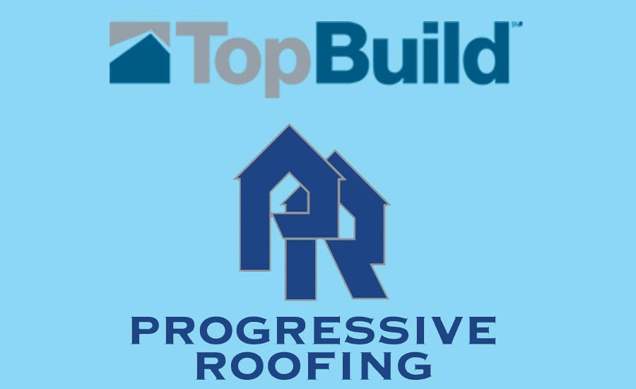 On blue, TopBuild & Progressive Roofing logos, both with house/roof icons.