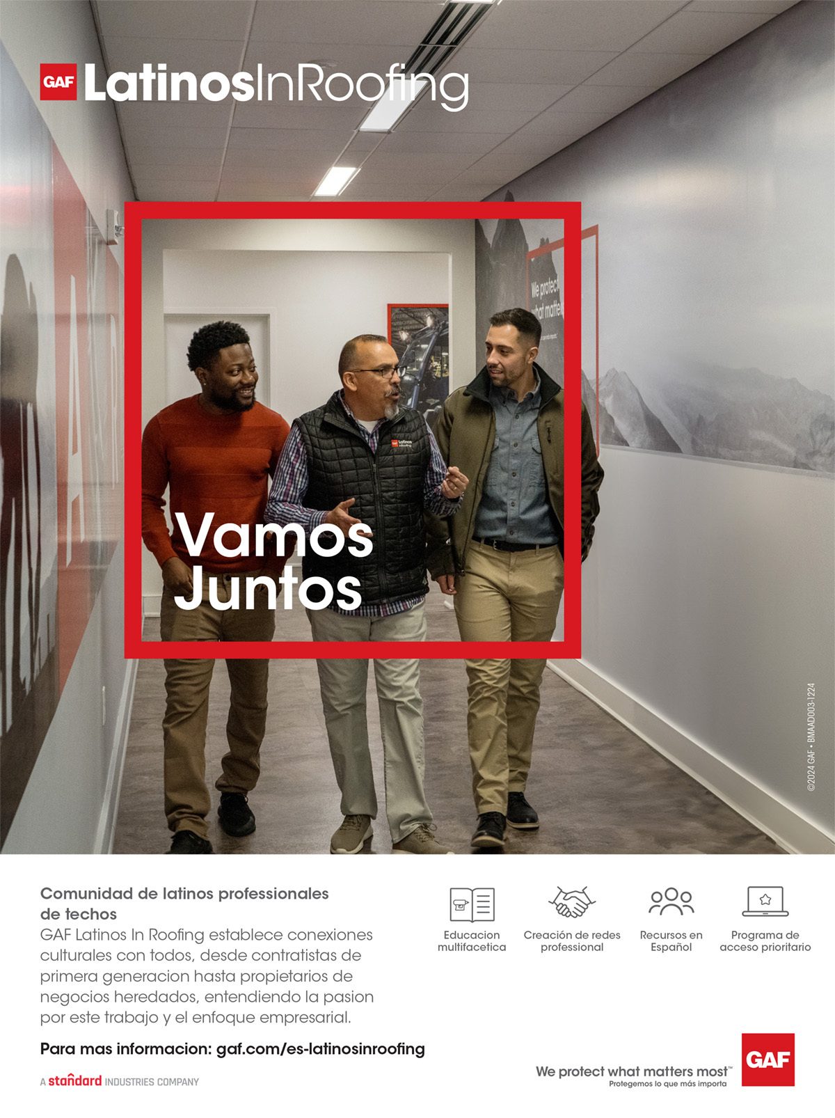 Ad for GAF LatinosInRoofing: Three men walking, 'Vamos Juntos' (Let's Go Together).