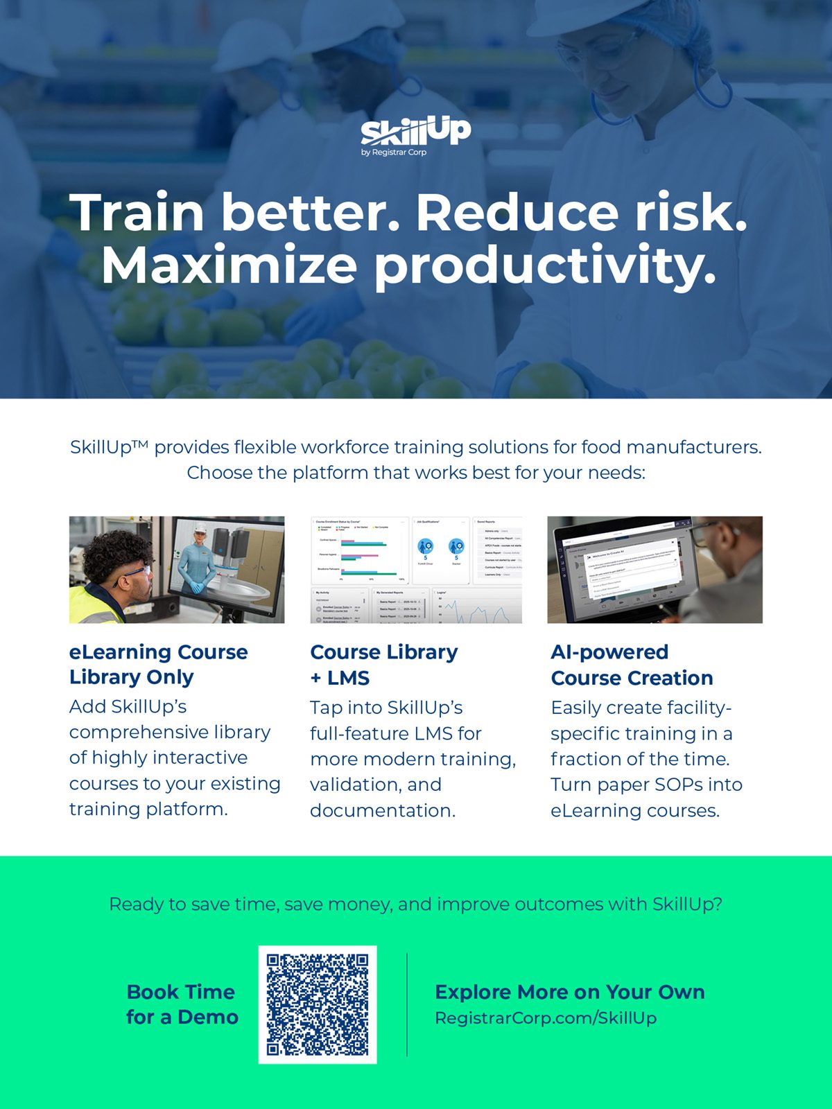 SkillUp ad: "Train better. Reduce risk. Maximize productivity." Offers eLearning, Course Library, AI Course Creation.