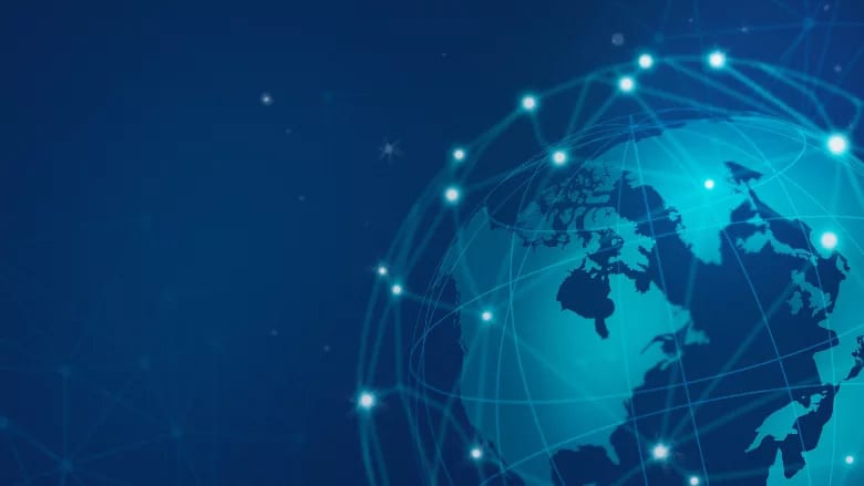 Blue globe with glowing digital network.