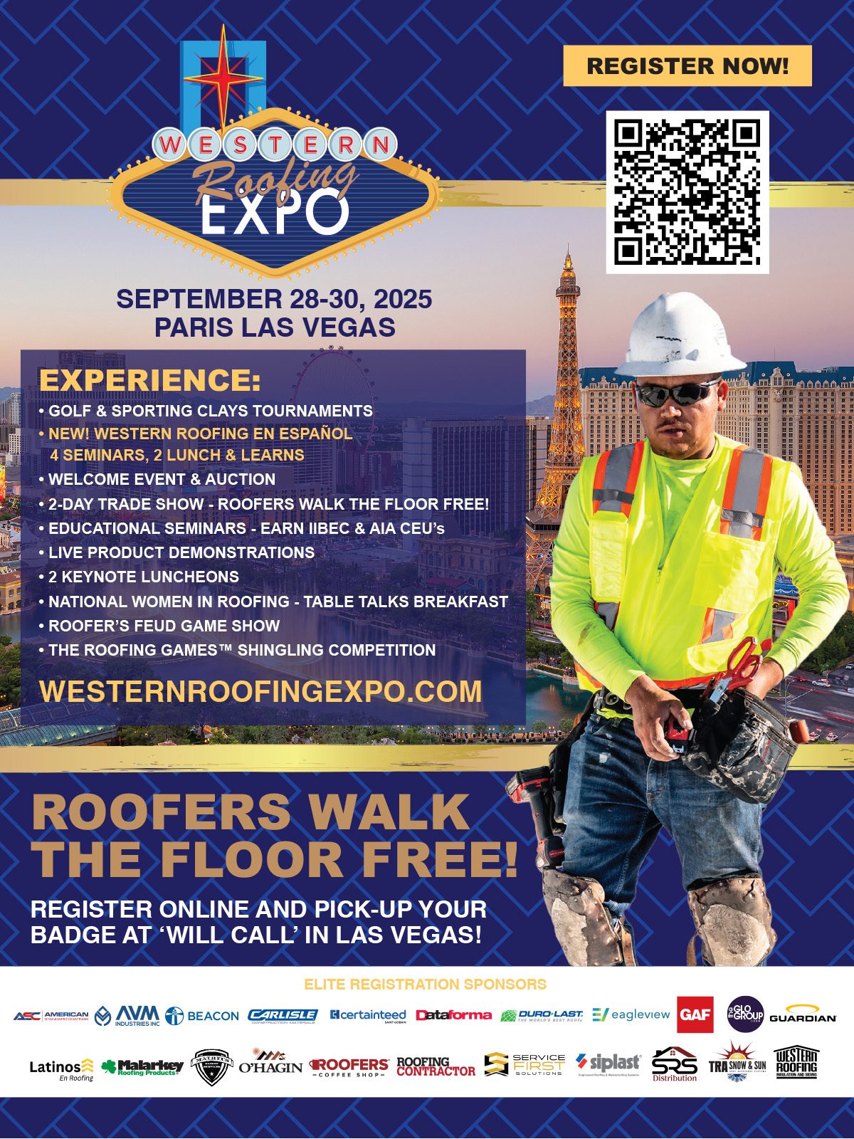 Western Roofing Expo 2025 in Las Vegas: event details, roofer, QR code, and sponsor logos.