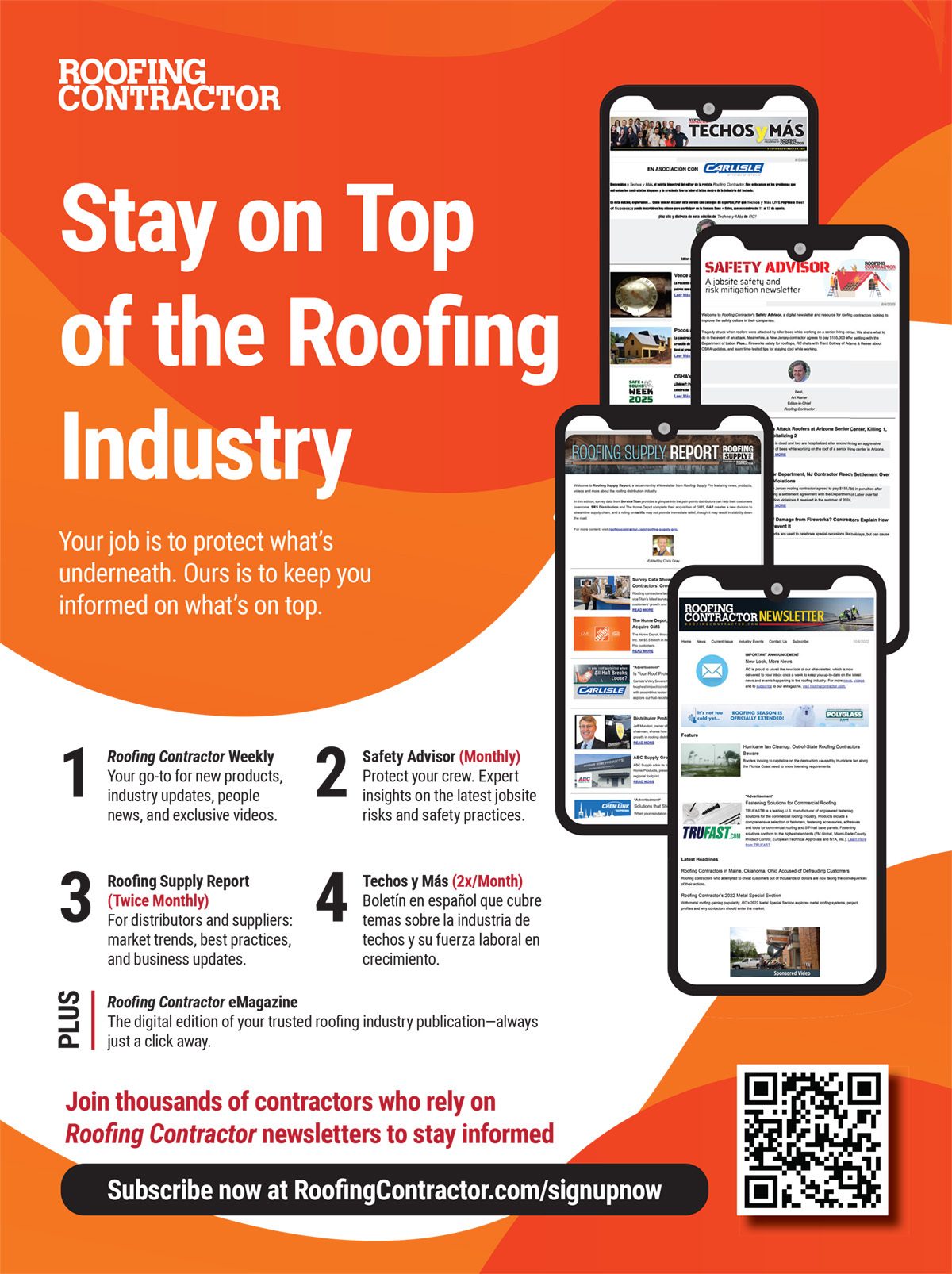 Advertisement for Roofing Contractor newsletters, showing benefits and various digital publications on smartphones.