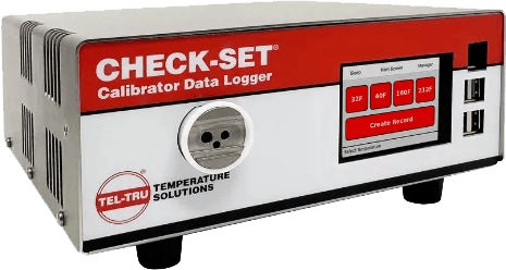 Silver/red Tel-Tru CHECK-SET Calibrator Data Logger with a screen showing temperature presets.