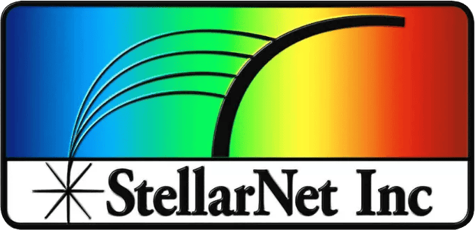 StellarNet Inc logo with a rainbow gradient background and black curved lines.