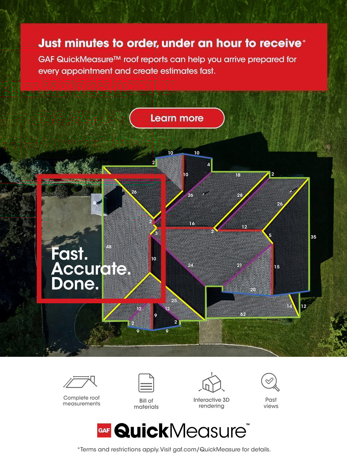 Ad for GAF QuickMeasure roof reports showing an aerial view of a measured house roof and key features.