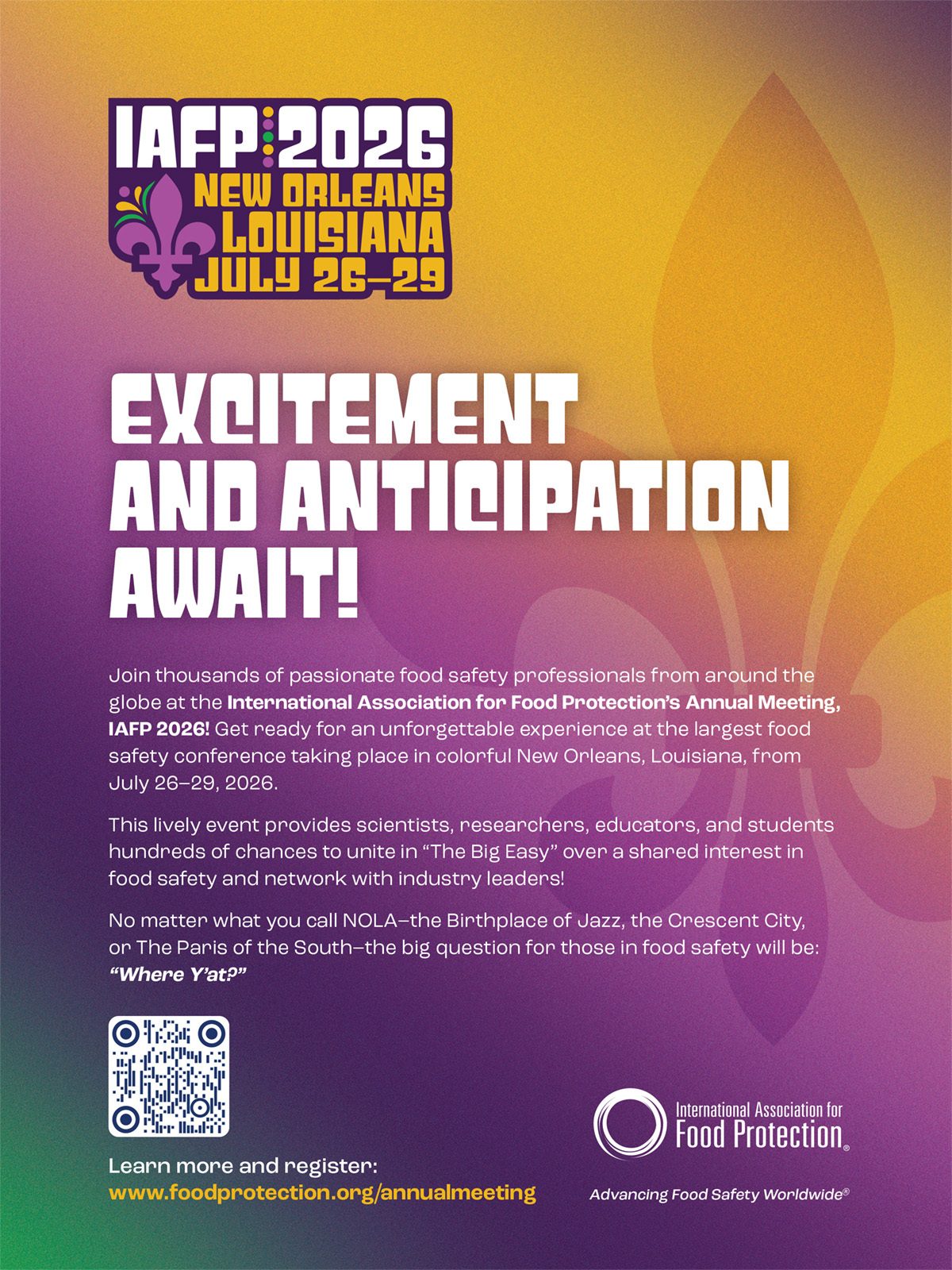 Poster for the International Association for Food Protection 2026 conference in New Orleans.