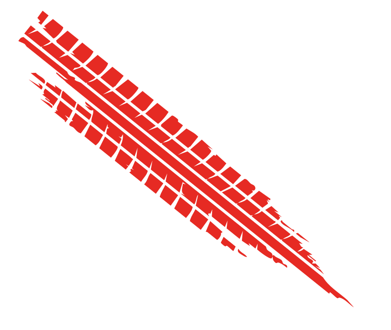 A vibrant red tire track, diagonally oriented, with detailed tread patterns, on a dark green background.