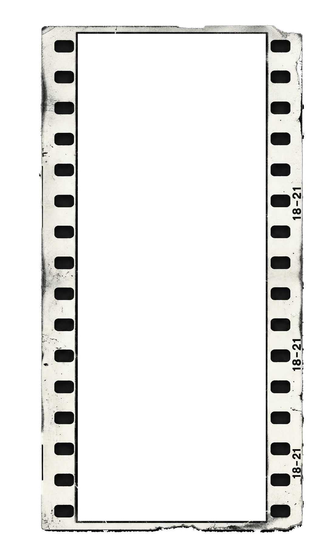 A vertical, distressed film strip frame with sprocket holes on both sides, and "18-21" markings.
