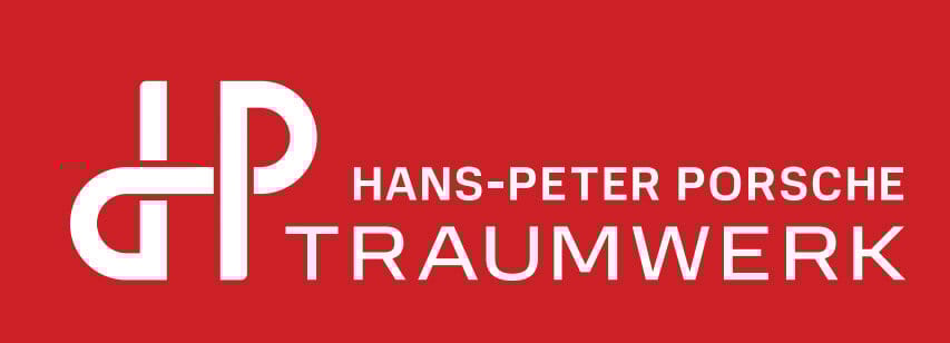 Logo of Hans-Peter Porsche Traumwerk featuring a white stylized 'HP' icon and the company name in white text on a red background.