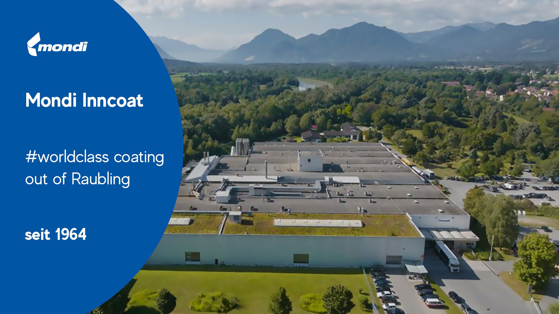 Aerial view of Mondi Inncoat factory in Raubling, with mountains, river, and text overlay.