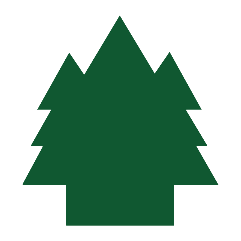 A stylized dark green pine tree icon with layered branches and a trunk, on a solid dark green background.