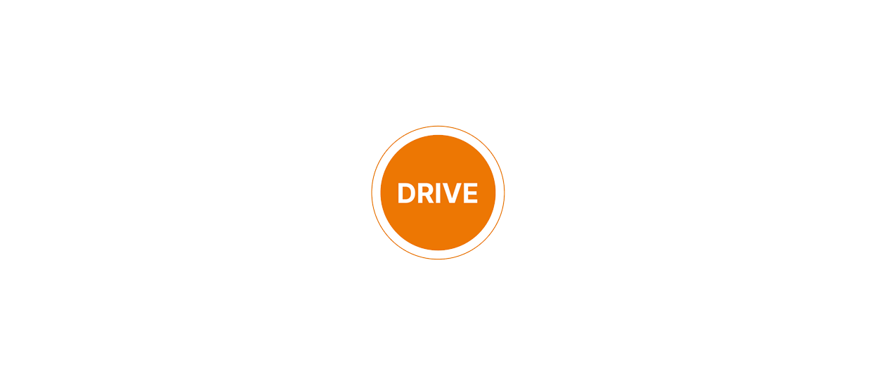 A white "DRIVE" text within an orange circle, outlined in brown, on a black background.