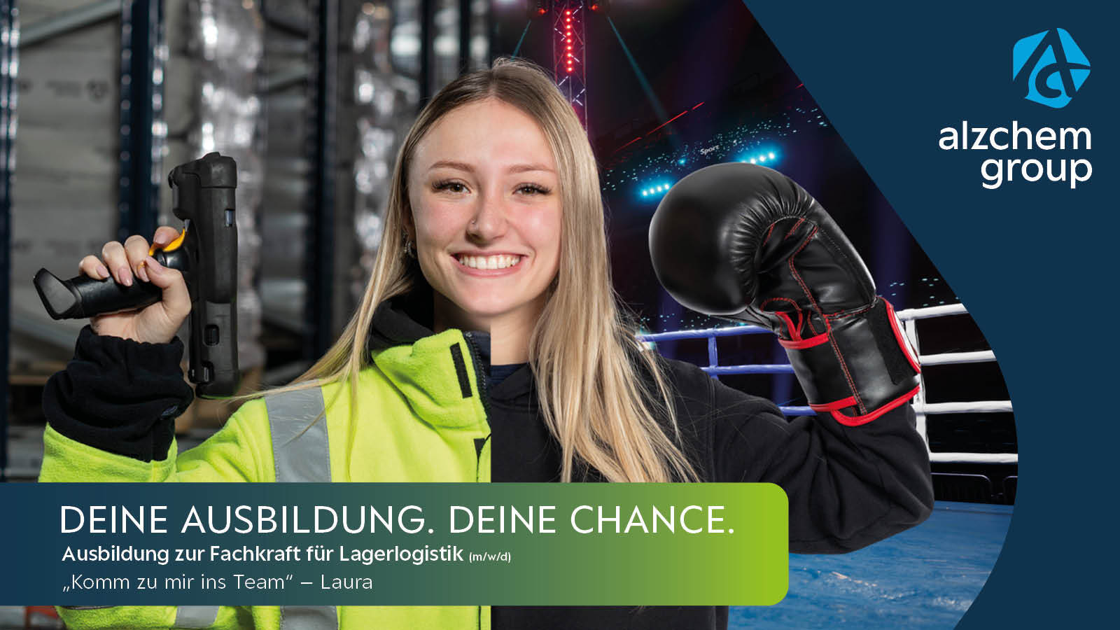 Woman with scanner & boxing glove, text "DEINE AUSBILDUNG. DEINE CHANCE.".