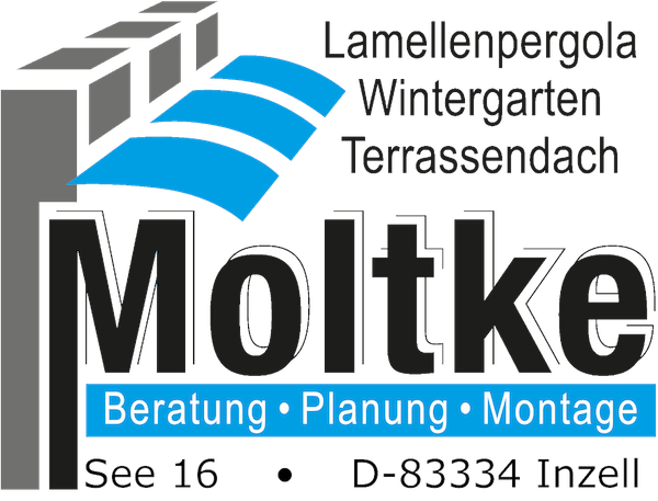 Moltke company logo featuring their name, services (pergolas, winter gardens, terrace roofs, consultation, planning, installation), and address.