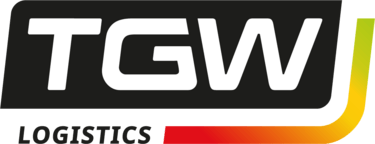 TGW Logistics logo with white text on a dark grey background and a colorful curved line underneath.