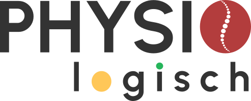 Logo for 'PHYSIO logisch' with dark grey text, a spine icon, and colorful dots.