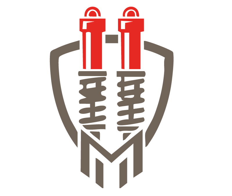 Stylized logo featuring two red shock absorbers within a grey shield outline, with a subtle 'M' at the bottom.