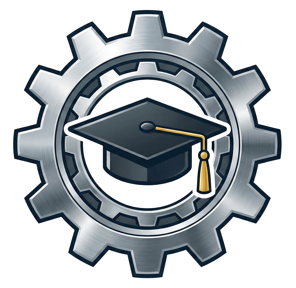Silver gear framing a black graduation cap with a gold tassel.