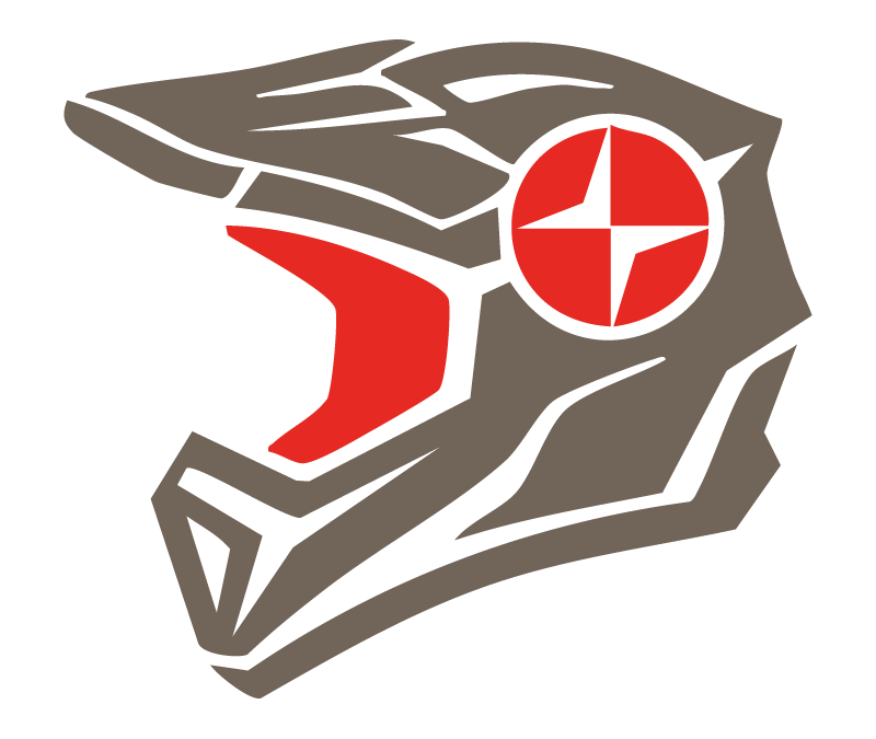 A stylized grey dirt bike helmet with a red visor and a circular red emblem on the side.