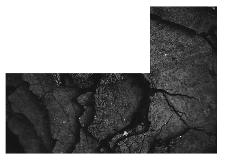 Monochrome image of a dark, dry, cracked surface with deep fissures, resembling parched earth or rock.