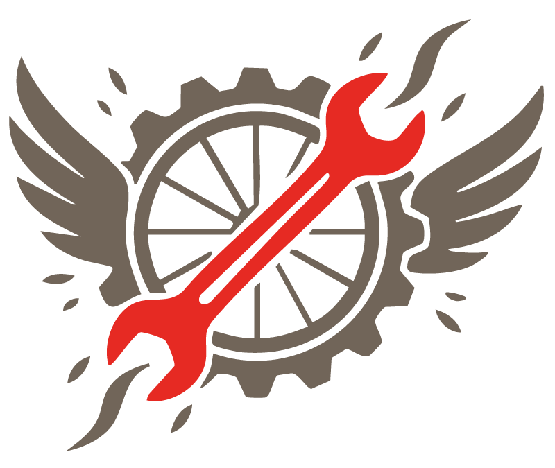 A red wrench diagonally crosses a dark gray winged gear on a green background, symbolizing mechanics or repair.
