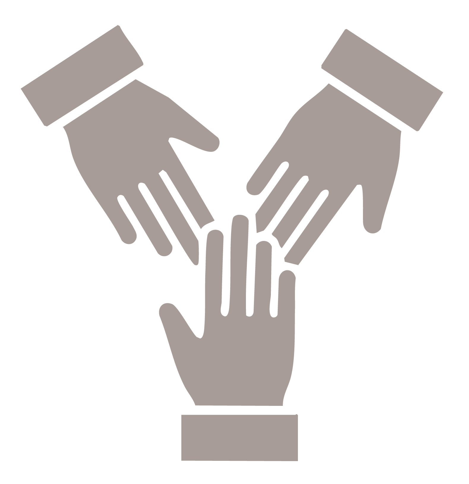 Three stylized cuffed hands join together in the center, symbolizing teamwork or collaboration.
