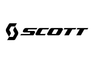 The Scott logo features a stylized black 'S' icon followed by the word 'SCOTT' in bold, italicized black letters with a white outline, all set against a dark green background.
