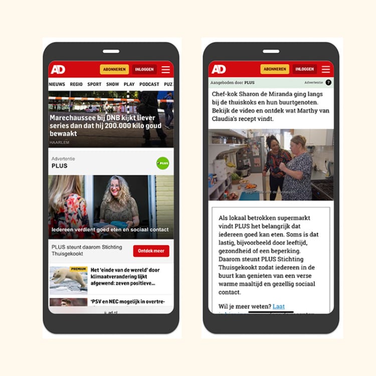 Two phones display AD news app: articles and PLUS supermarket ads promoting community food.