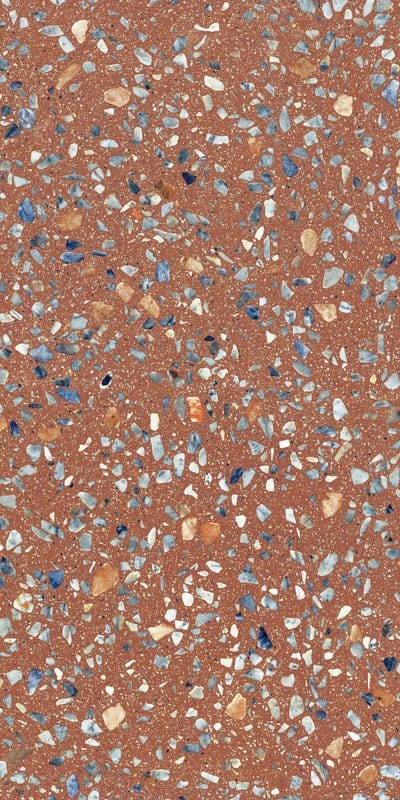 Red terrazzo pattern with multi-colored aggregate.