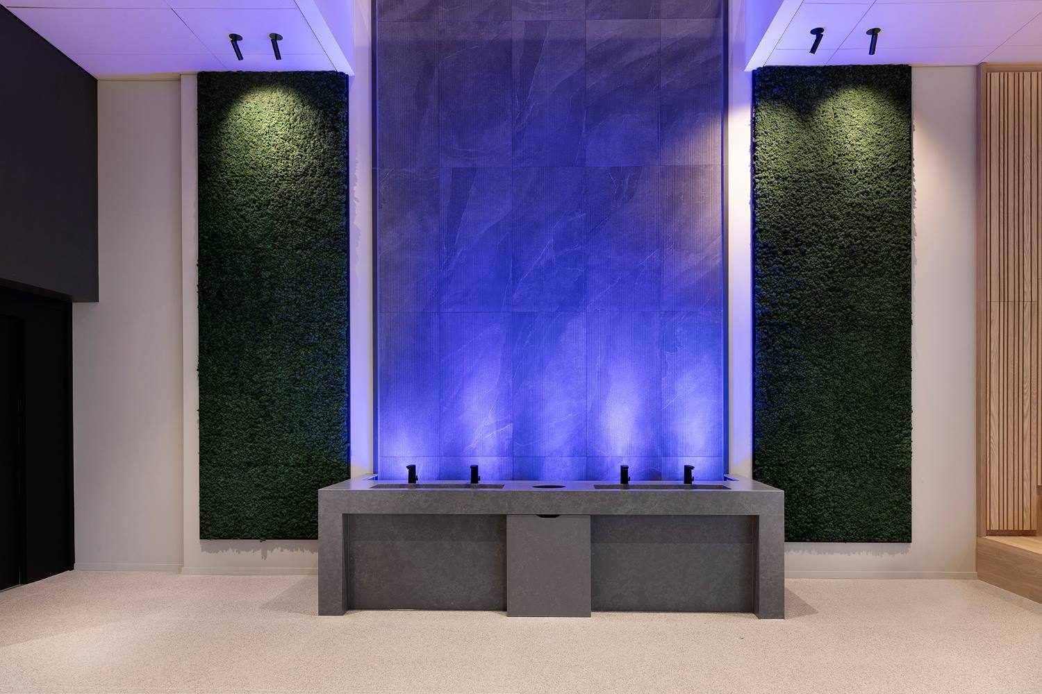 Modern interior with a dark gray counter, blue-lit tiled wall, and two green moss panels.