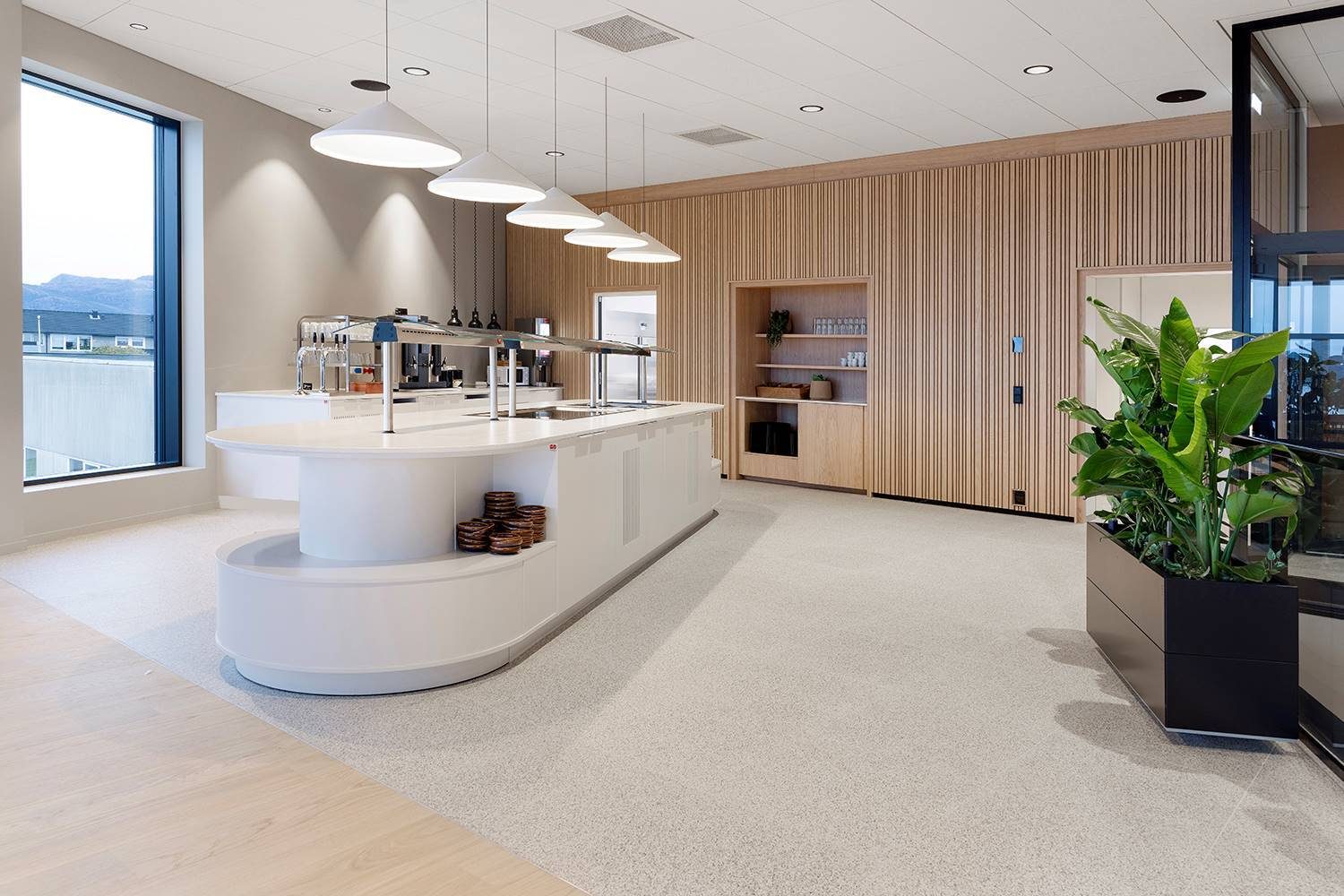 Modern cafeteria with white serving counters, pendant lights, large window, wood wall, and a potted plant.