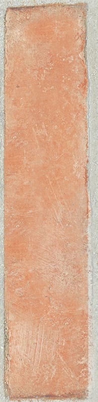 Rough, terracotta-colored vertical tile with worn texture on a light background.