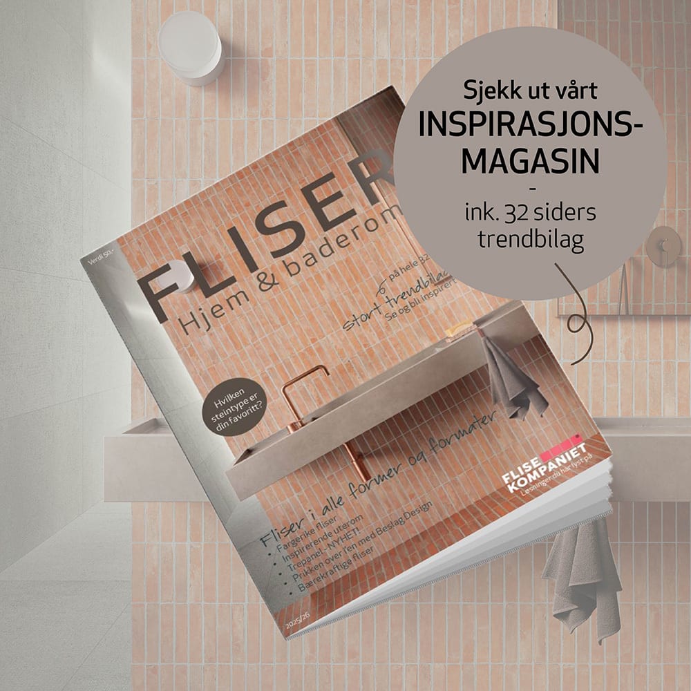 Norwegian magazine "FLISER Hjem & baderom" on tiles, promoting home and bathroom design inspiration.