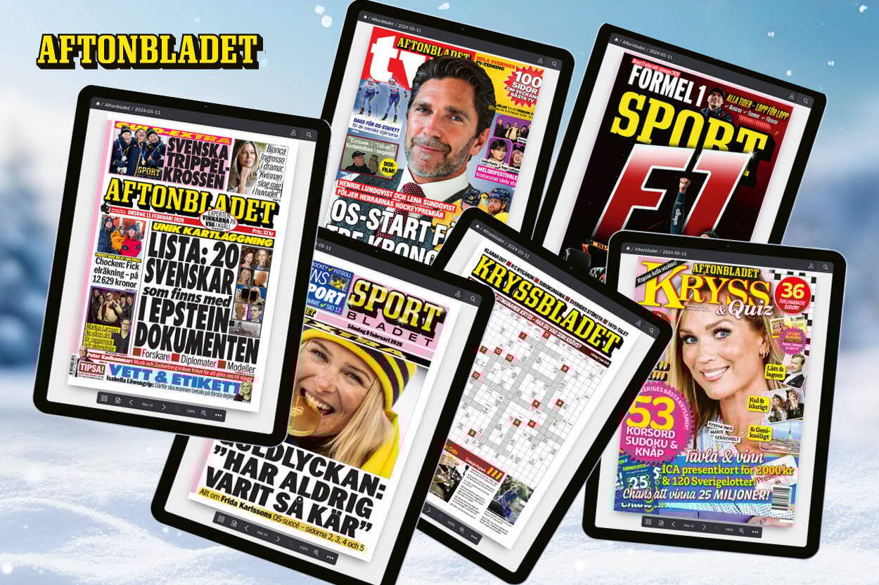 A collection of digital tablets displaying Aftonbladet newspapers and magazines on a snowy background.