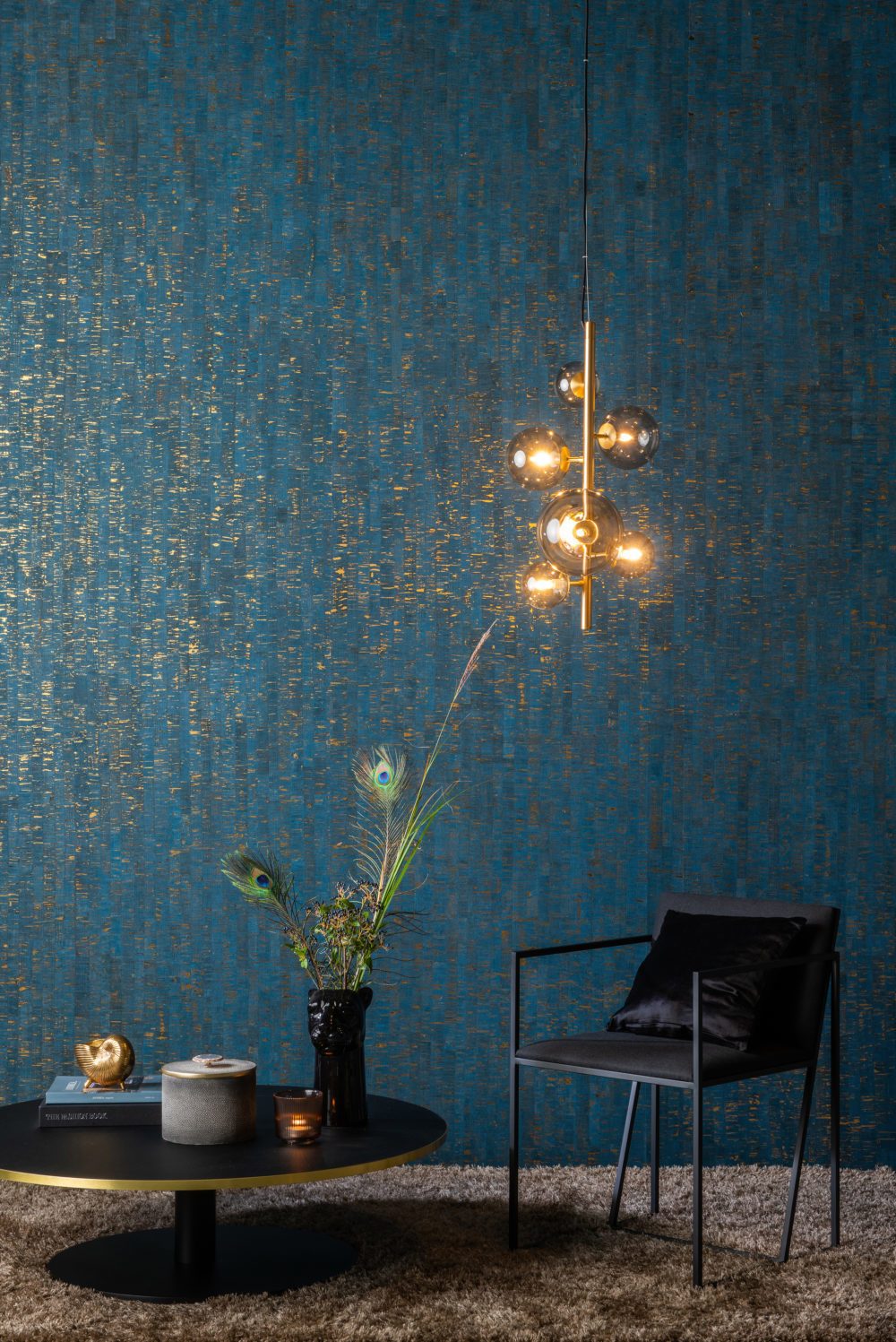 Interior design, Flowerpot, Blue, Lighting, Wood, Vase, Plant, Line, Wall, Floor