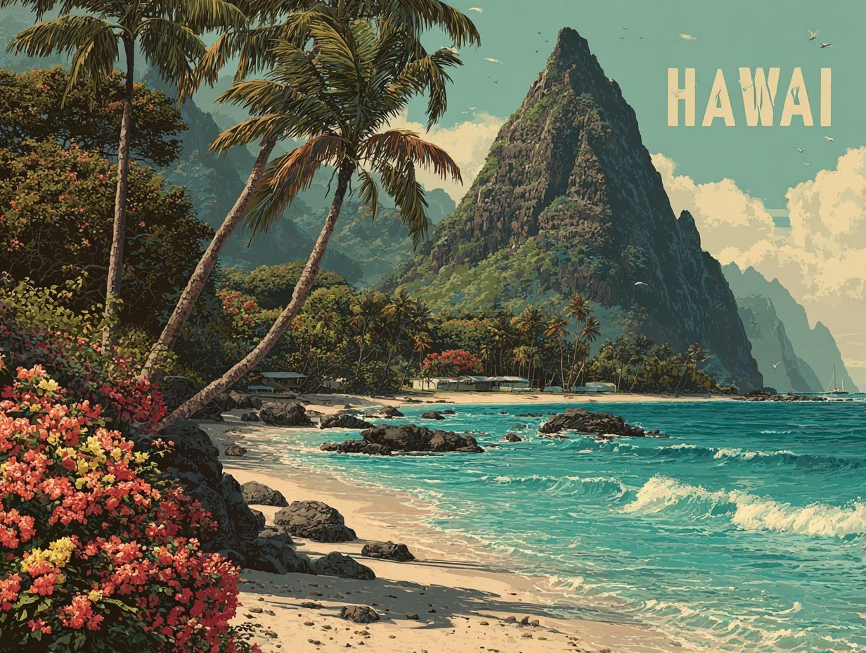 Hawaii travel poster: beach with palm trees, flowers, mountain, ocean waves, and rocky shore.
